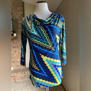 Hues of Blue and Green Cowl Neck Three Quarter Sleeve Blouse Size Petite Medium